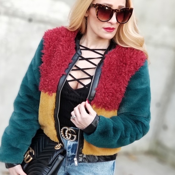 Womens multicolor Colorblock faux Fur Jacket Coat - Picture 1 of 4